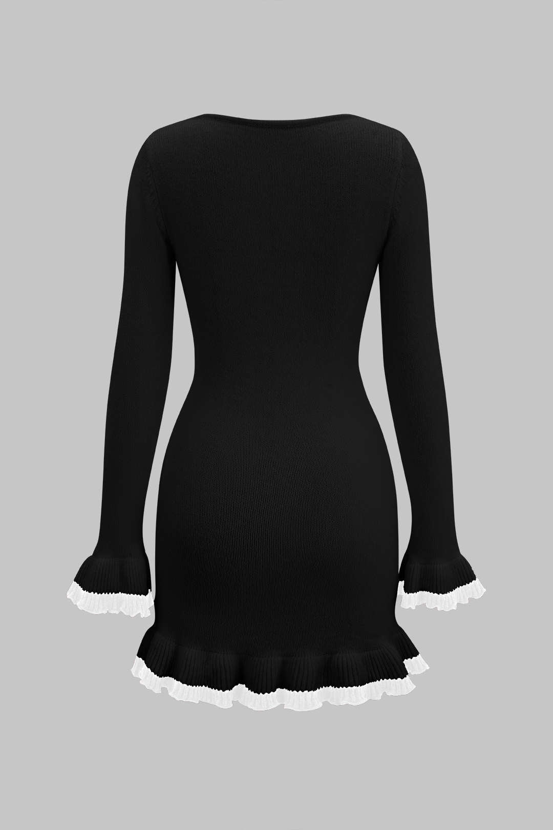 Knit Contrast Ruffle Binding Long Sleeve Mini Dress