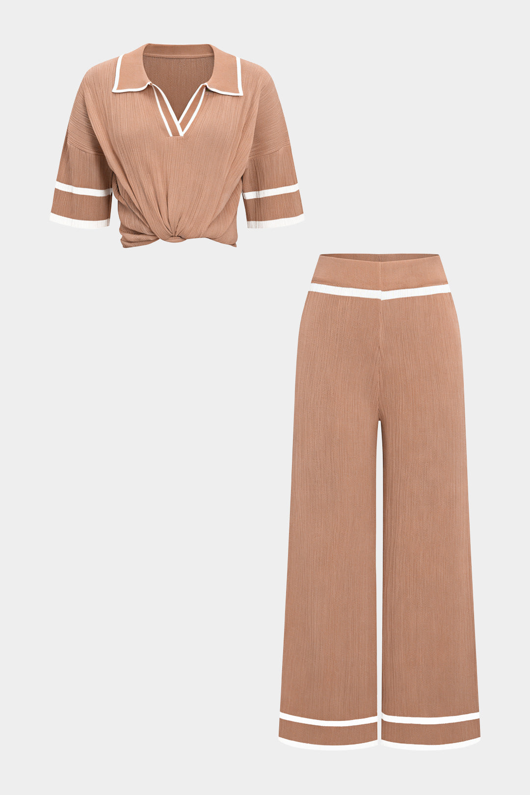 Strick-Set mit paspeliertem Revers, Kurzarm-Top und weiter Hose