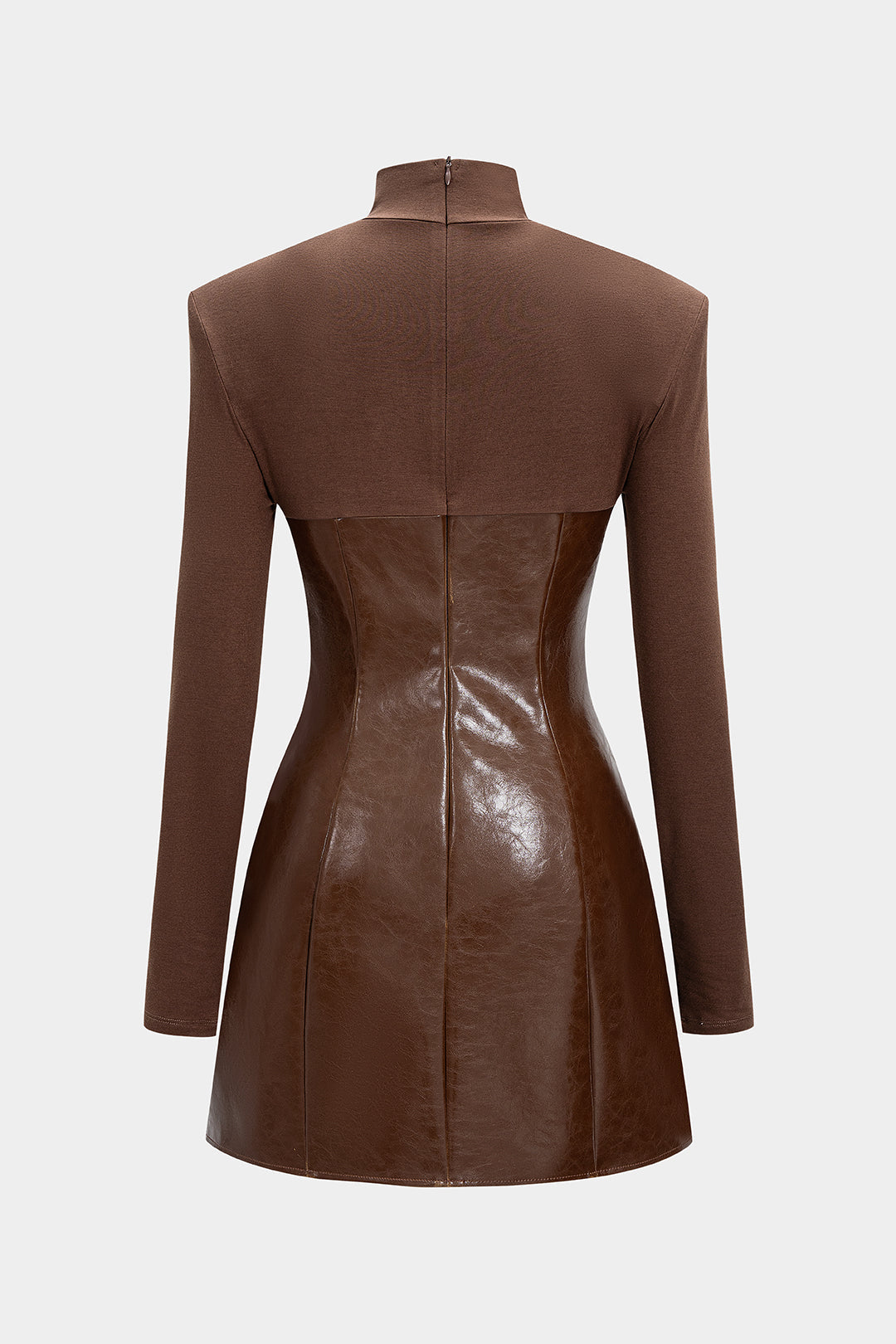 Mock Neck Faux Leather Patchwork Cut Out Long Sleeve Mini Dress