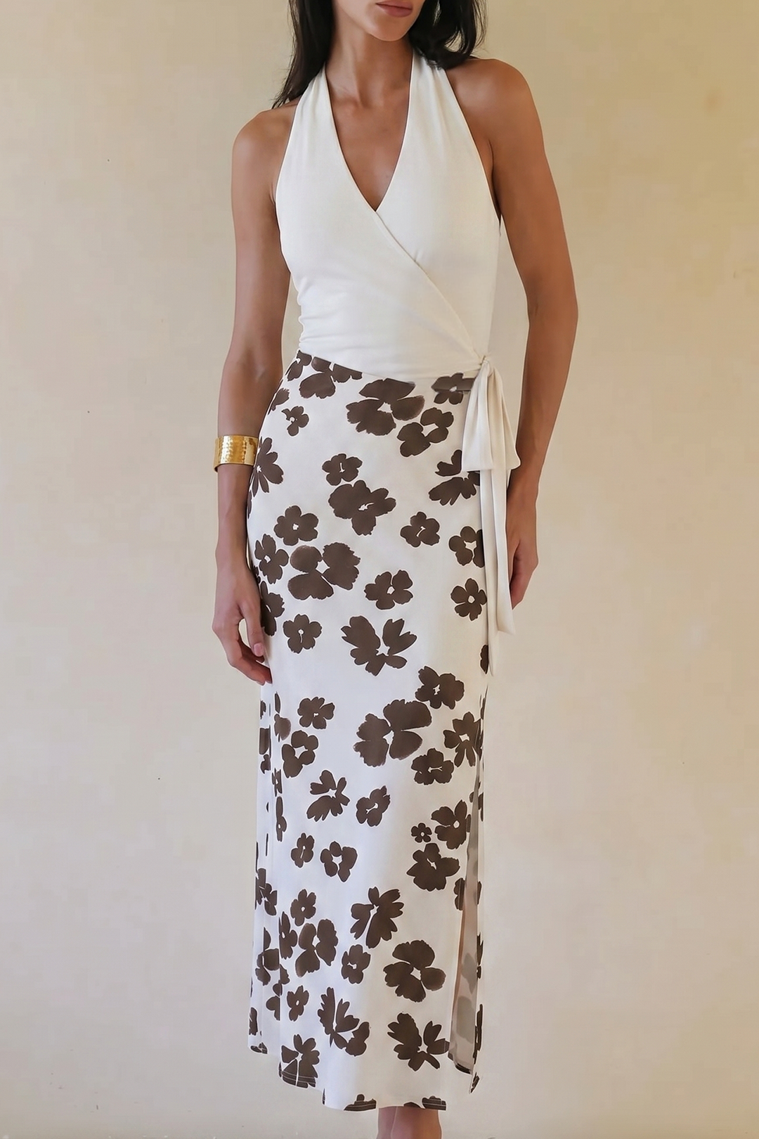 Robe Midi Sans Manches Col V Imprimé Floral Contrastant