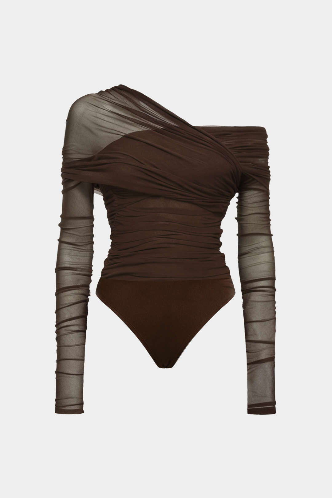 Mesh Ruched One Shoulder Asymmetrical Corssed Ruched Bodysuit