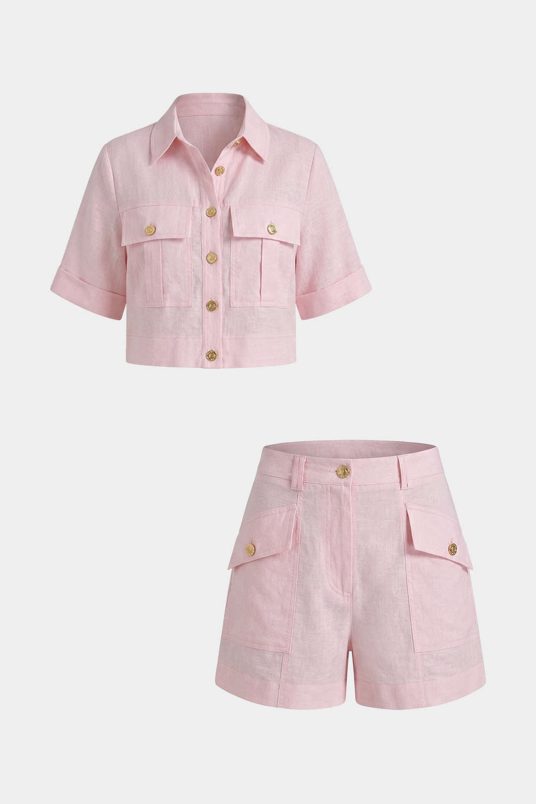 Revers-Metallic-Knopf Kurzarm-Oberteil und Shorts-Set