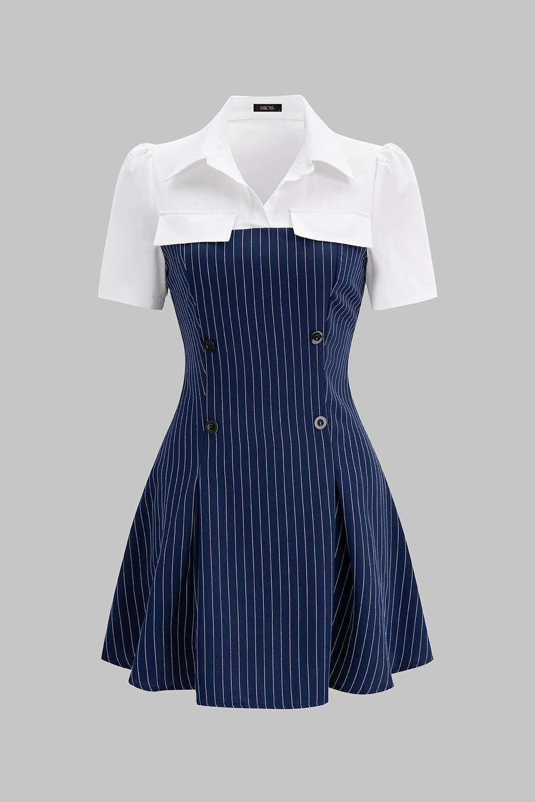Minikleid mit Streifenmuster, Knopfleiste, Revers und kurzen Ärmeln im Patchwork-Design