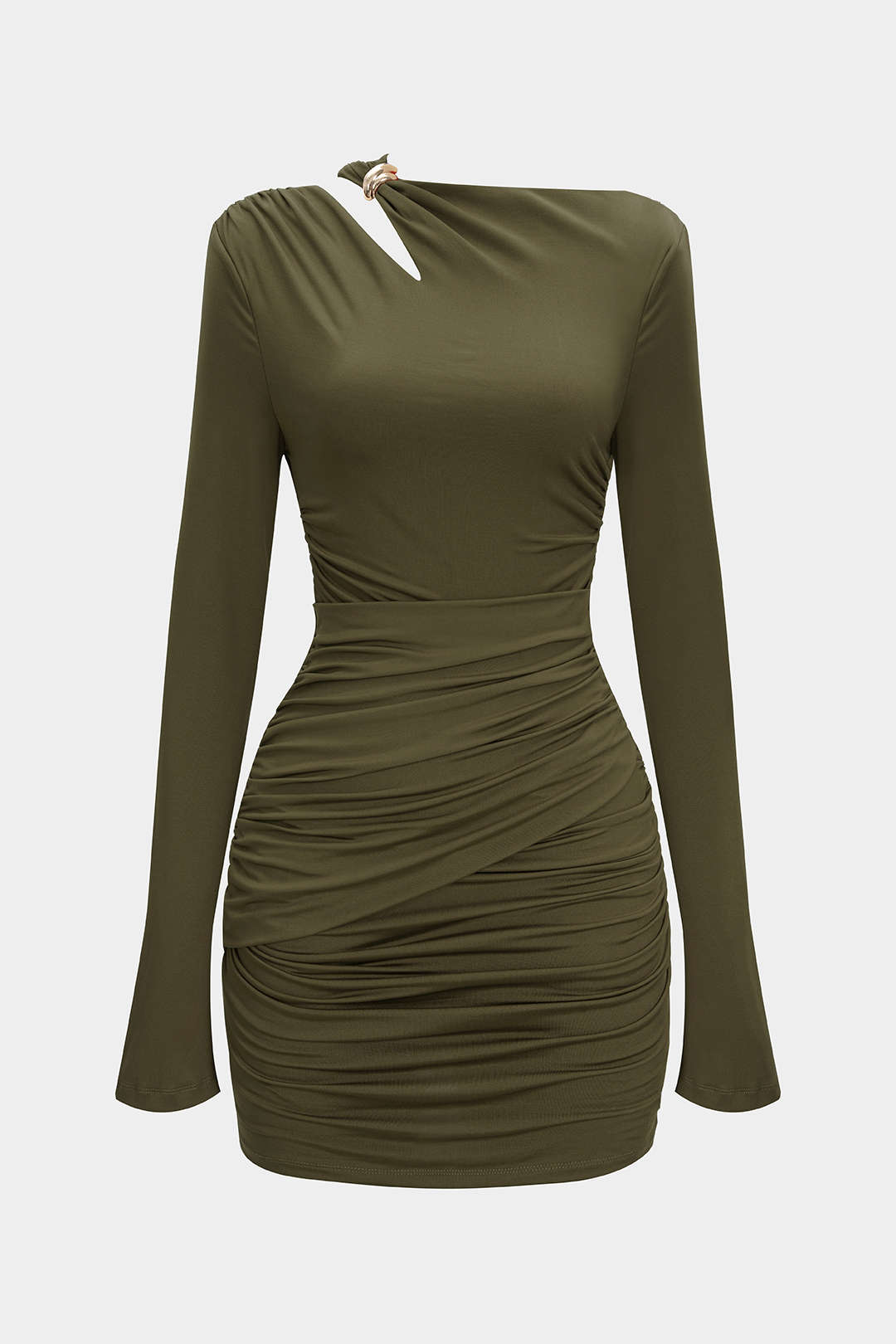 Robe courte drapée à manches longues et col asymétrique