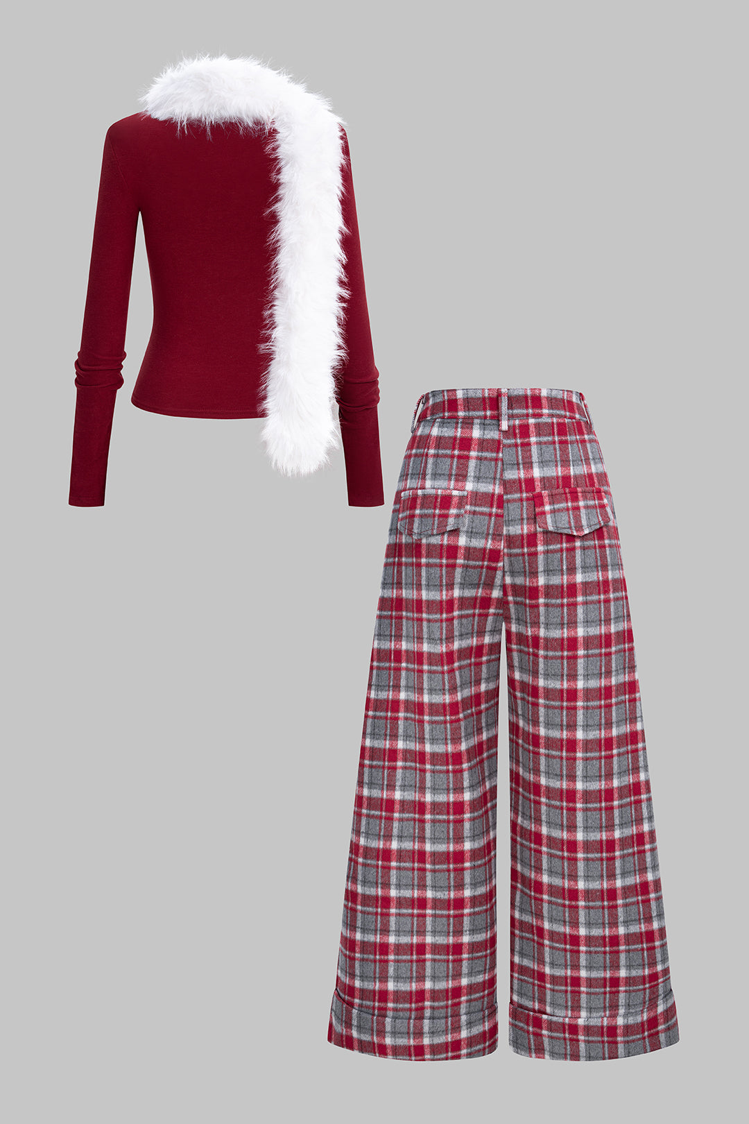 Solid V-Neck Long Sleeve Top And Plaid Print Wide Leg Pants Set With Scarf