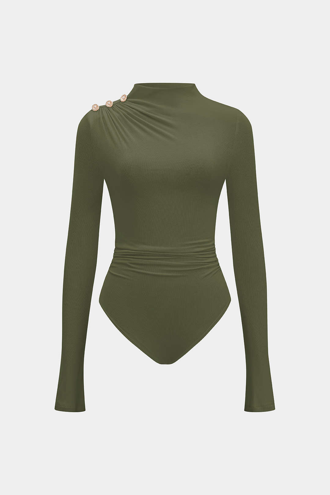 Asymmetrical Button Ruched Long Sleeve Bodysuit