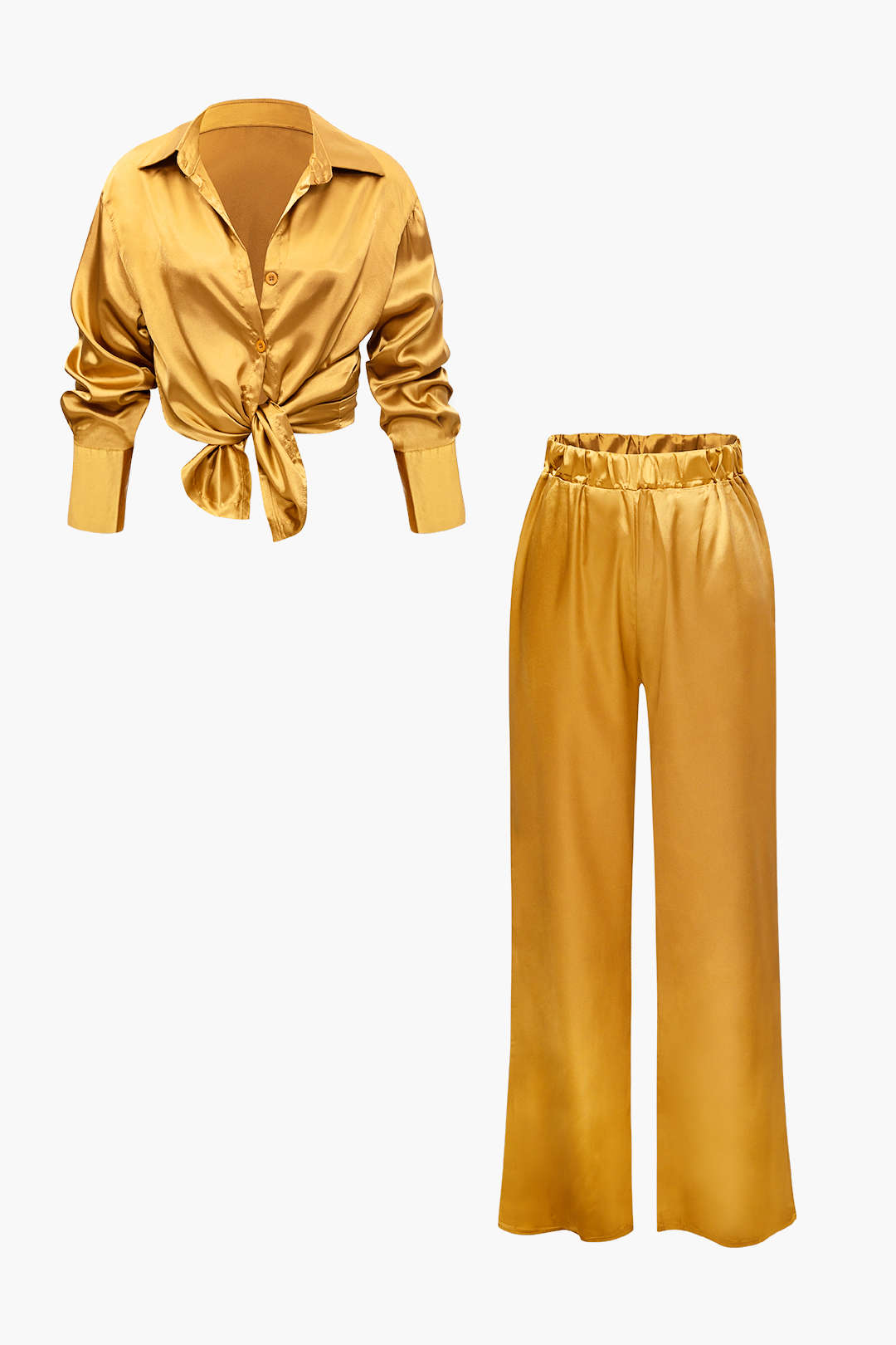 Ensemble chemise à manches longues boutonnée en satin et pantalon