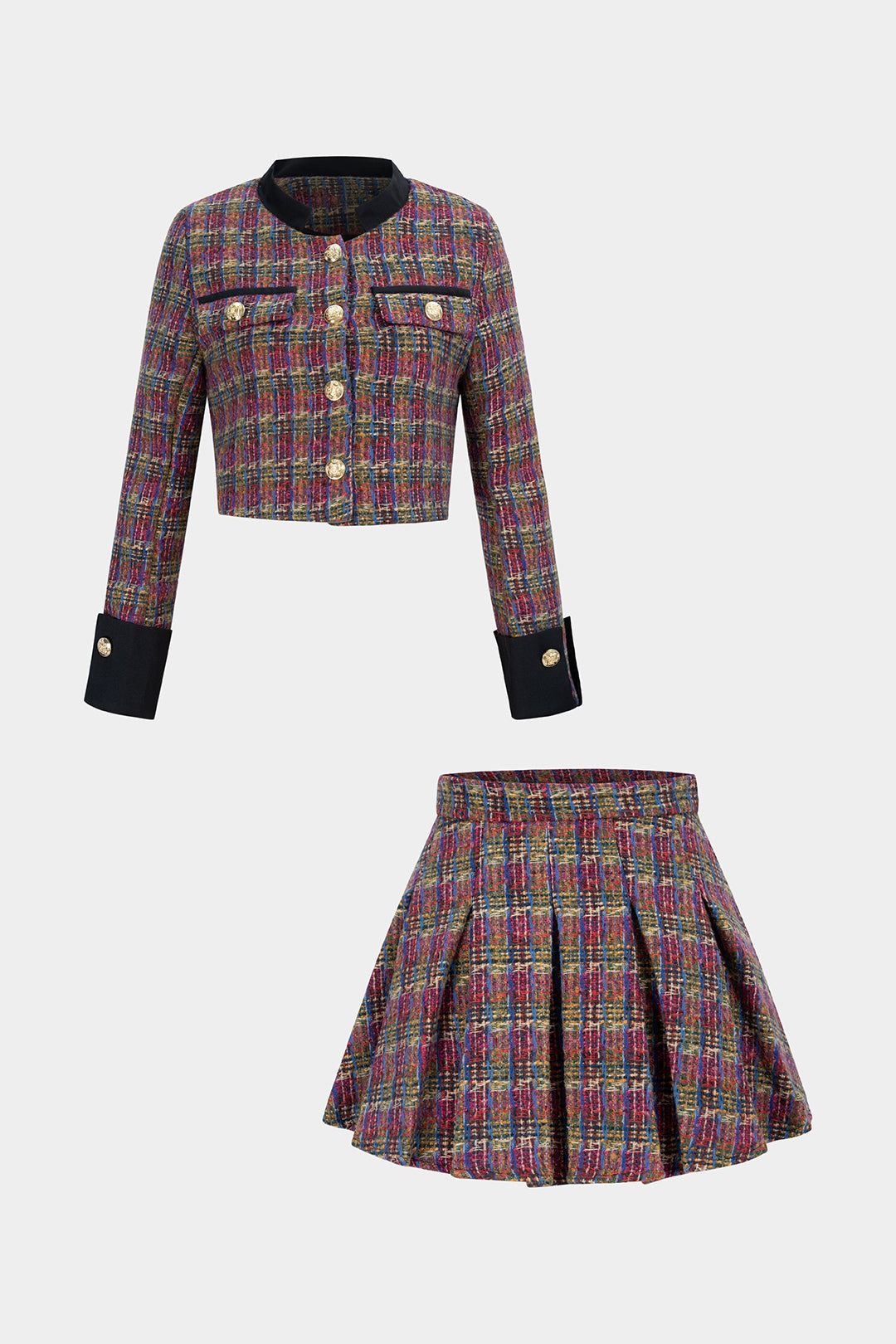 Ensemble Veste à Poches Boutonnées en Tweed Patchwork et Mini-Jupe Plissée