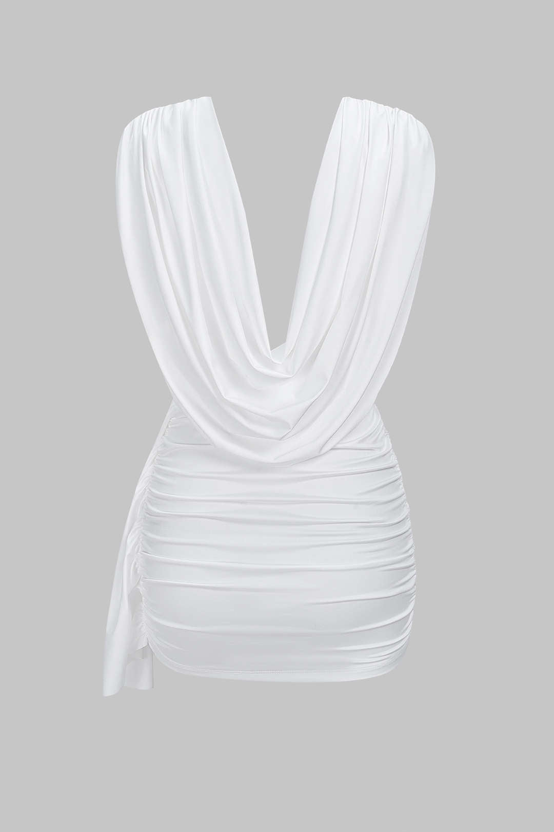 Minikleid mit Raffungen, Drapierungen, Wasserfallausschnitt und asymmetrischem Saum ohne Ärmel