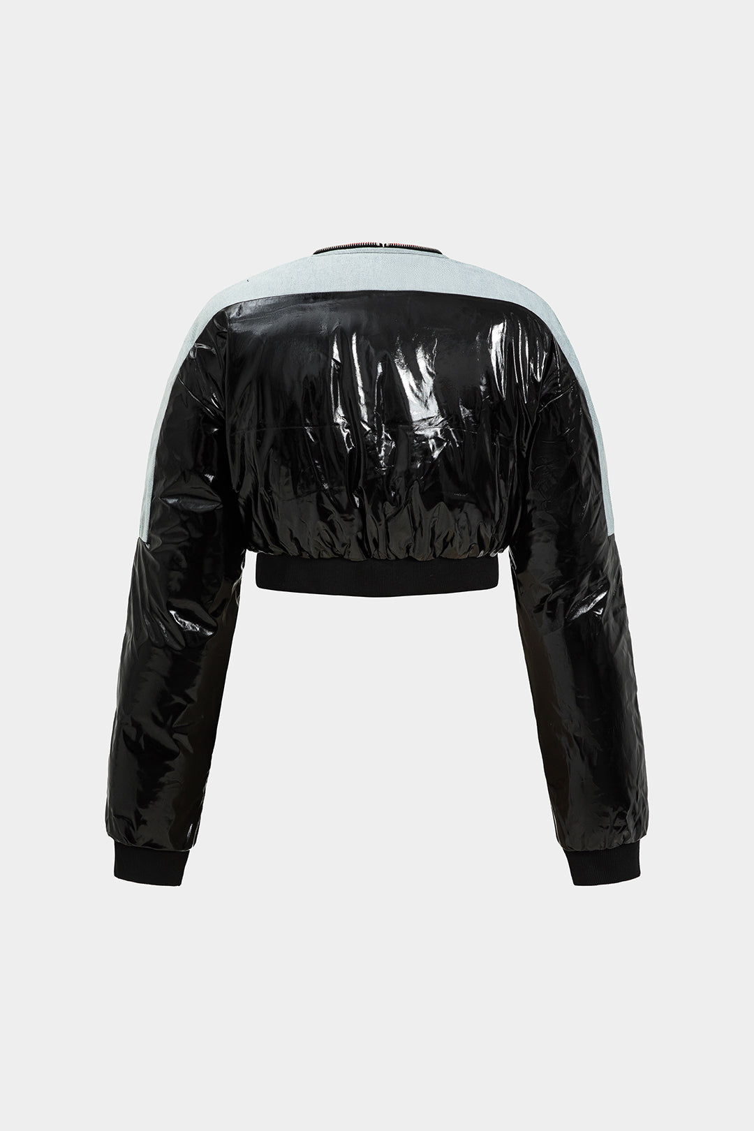 Veste longue matelassée à manches longues en jean, similicuir, froncé et patchwork zippé