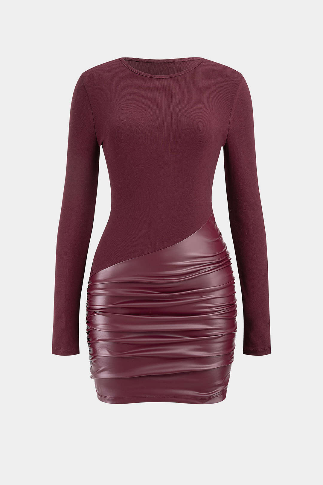 Faux Leather Patchwork Round Neck Ruched Long Sleeve Mini Dress
