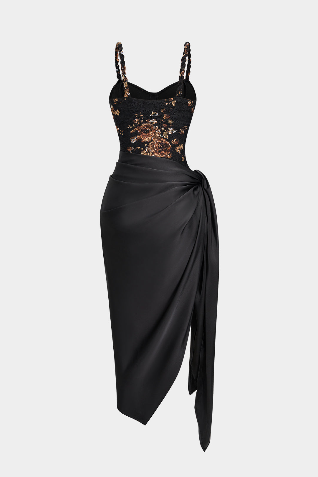 Ensemble Robe sans Manches à Nœud Torsadé et Patchwork de Dentelle Florale et Jupe Asymétrique en Satin à Nœud Noué