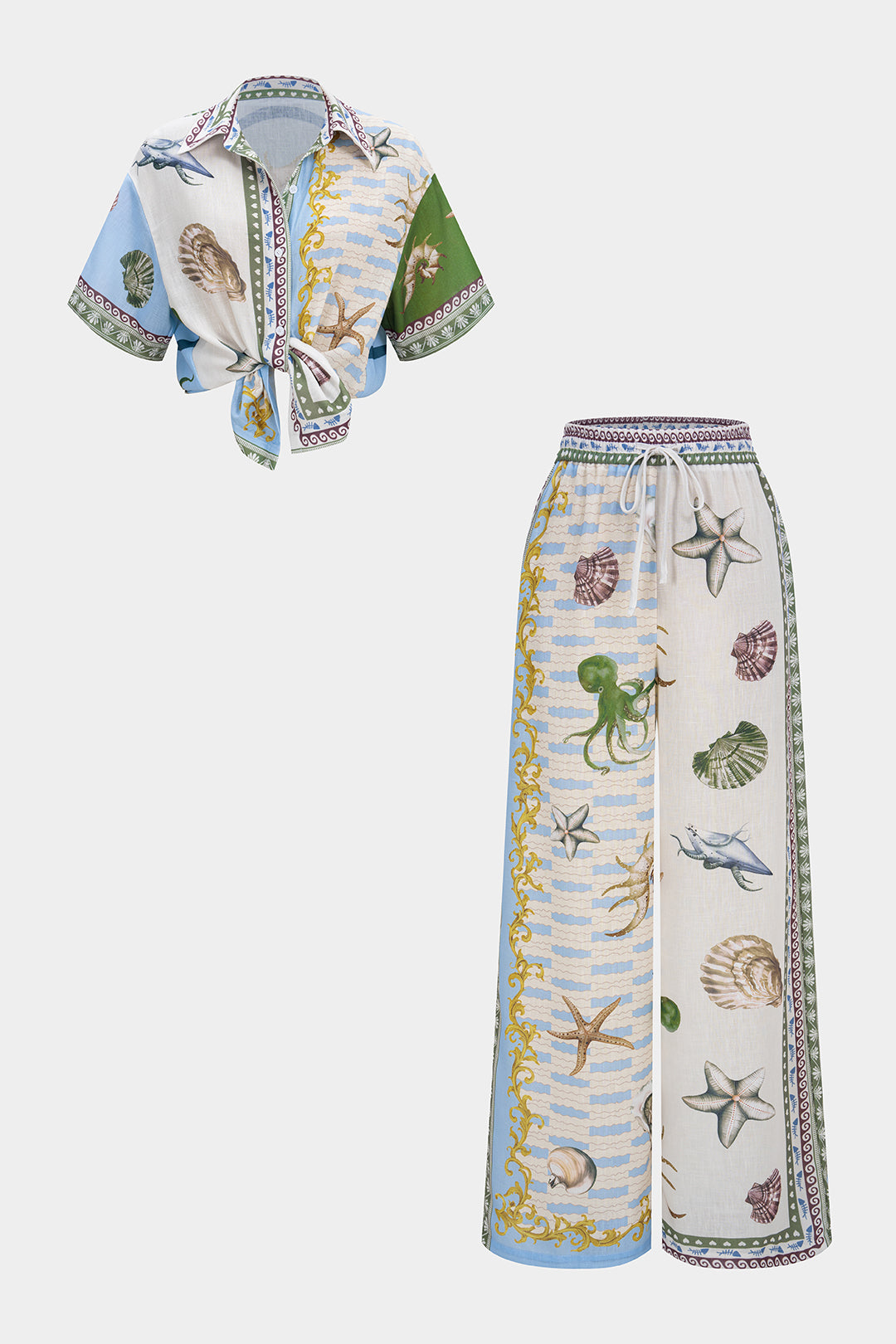 Hemd mit kurzen Ärmeln und Satin-Knöpfen mit Ozean-Print und Hose mit weitem Bein und gerafftem Bund