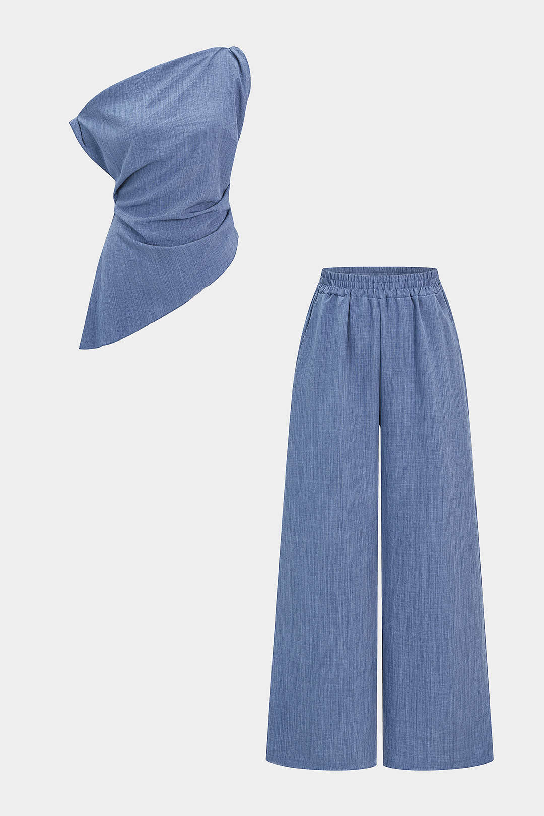Einfarbiges, asymmetrisches Tanktop mit Raffungen an einer Schulter und weit geschnittenes Hosen-Set