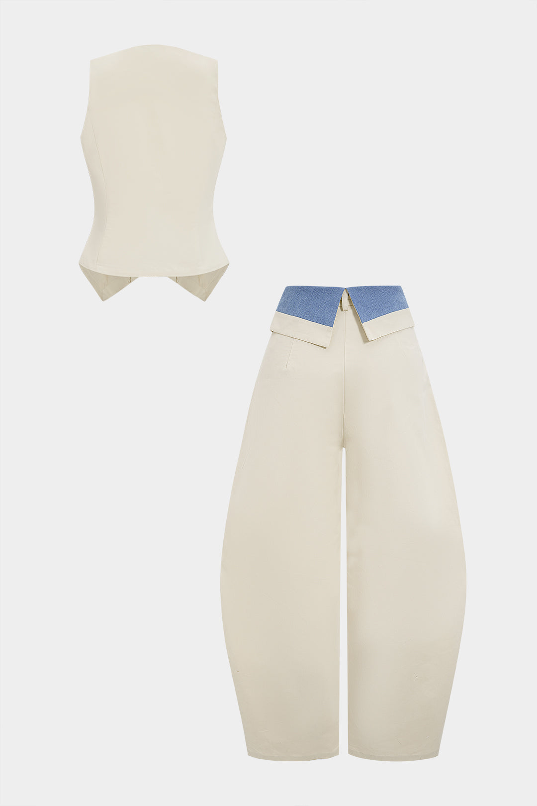 Set aus Jeans-Knopfweste und kontrastfarbener Barrel-Hose mit Kordelzug