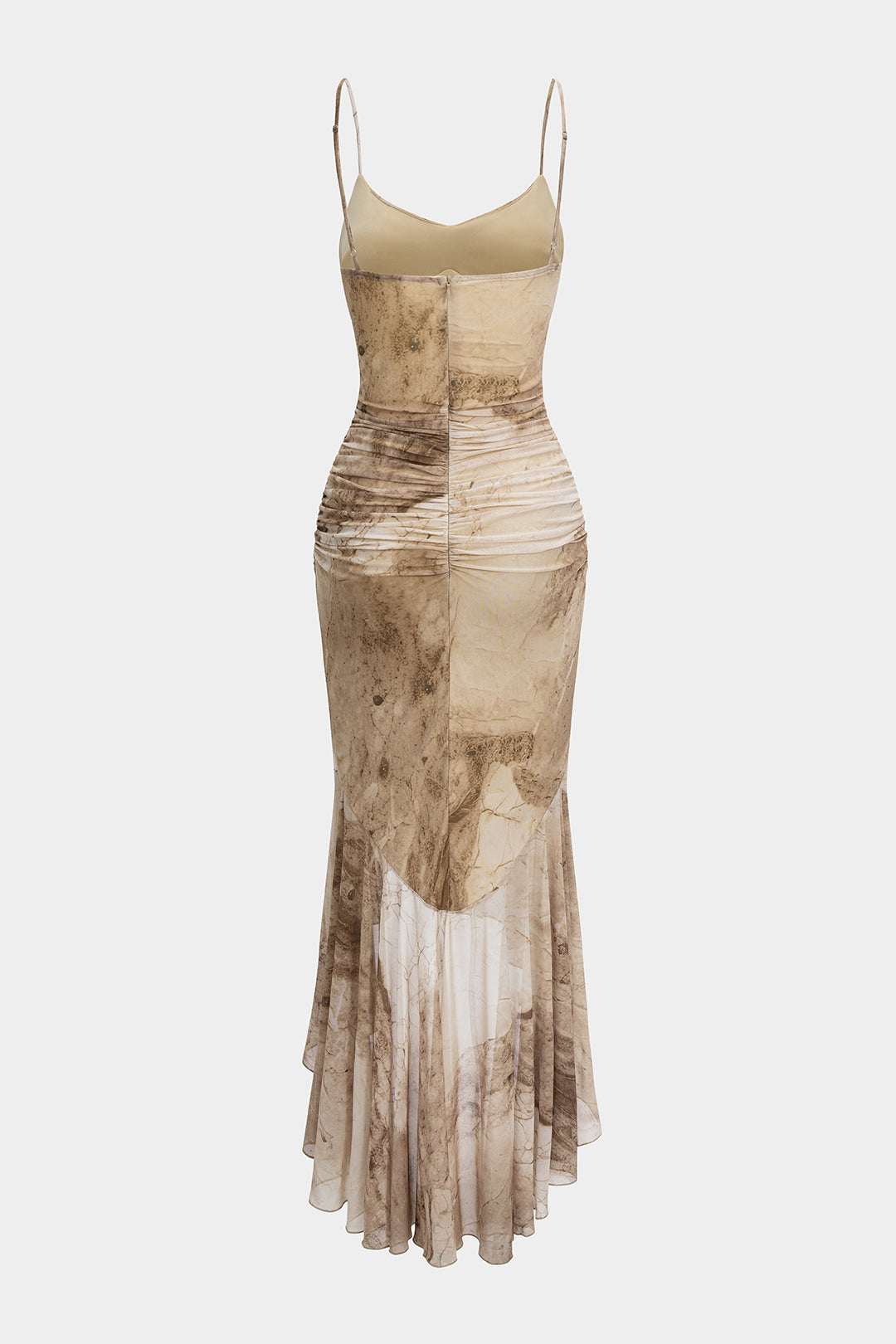 Abstrakter Druck Asymmetrisch gerafftes Slip-Maxikleid mit Rüschensaum und ohne Ärmel