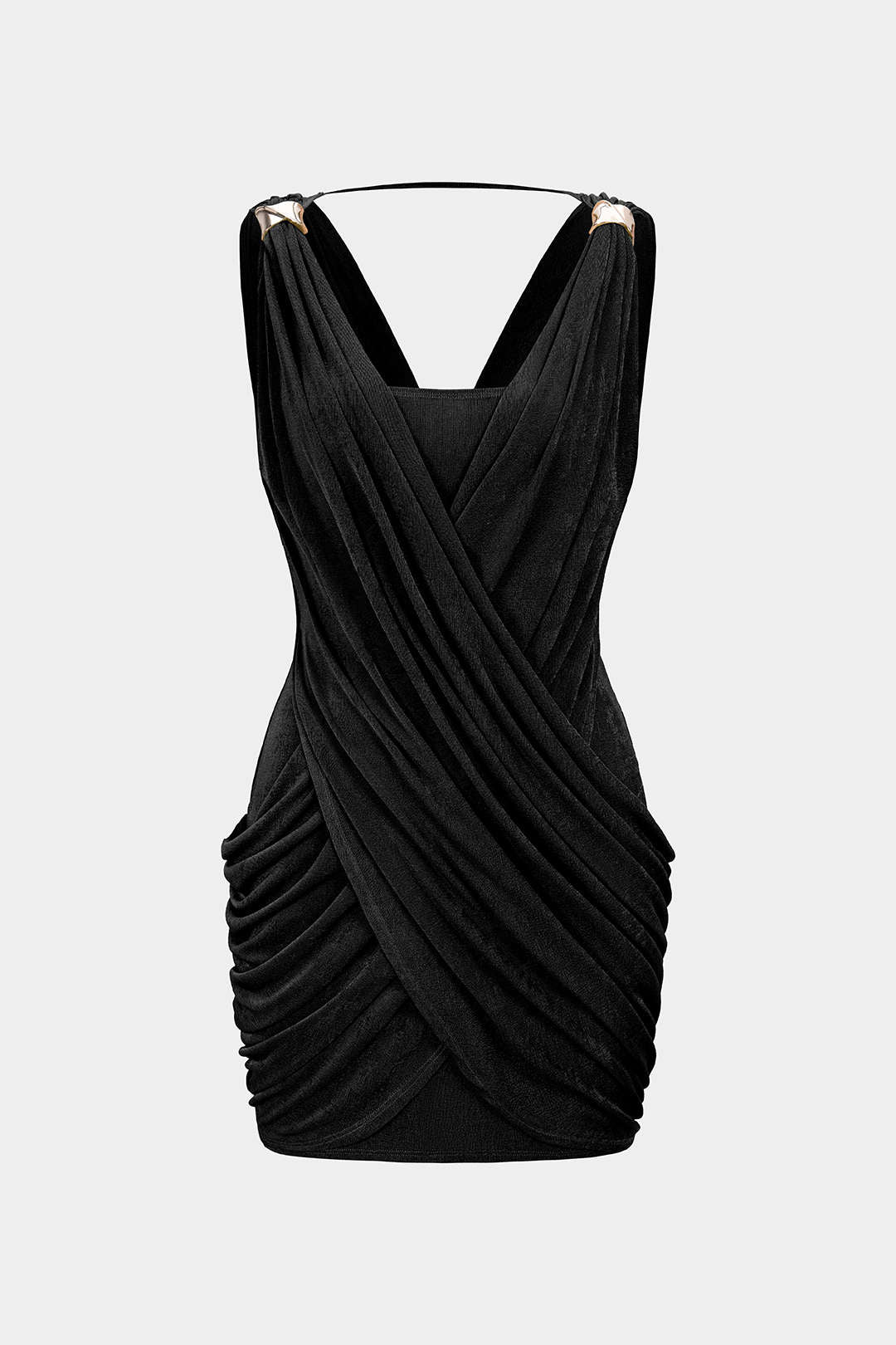 Ärmelloses Minikleid mit überkreuztem V-Ausschnitt, Raffung und Metallic-Dekor