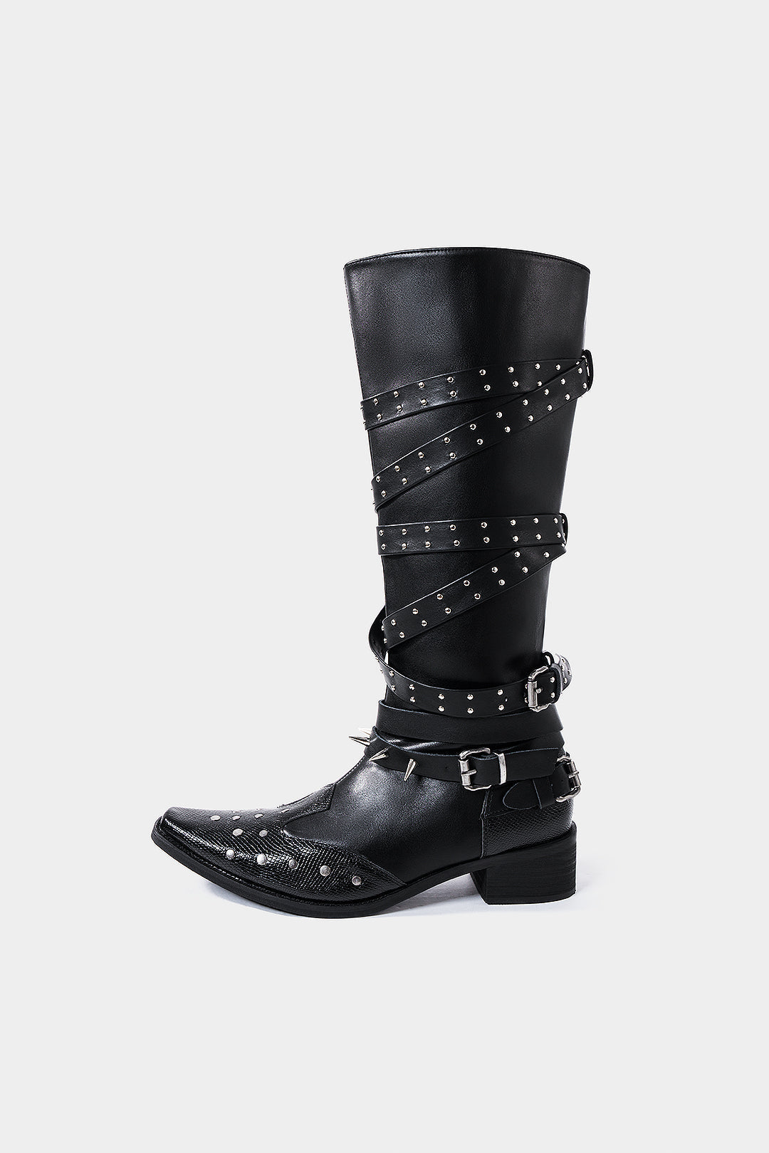 Leather Studded Pointed Toe Knee High Boots