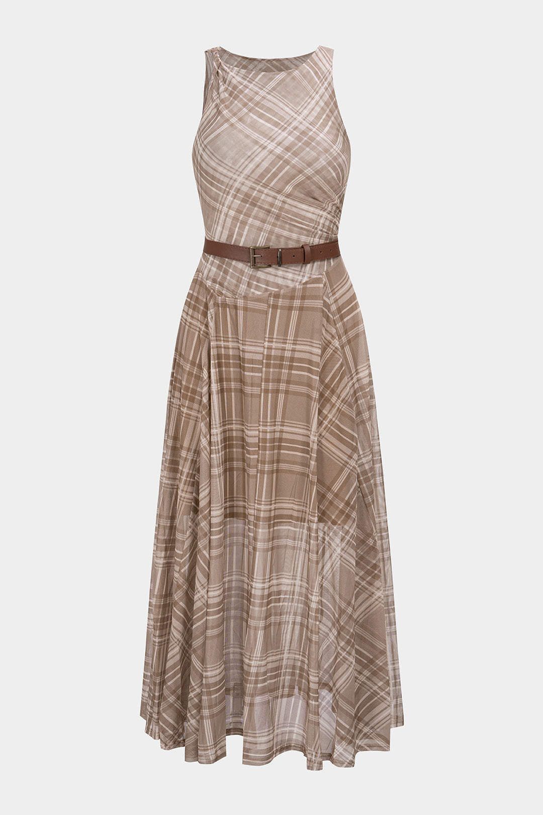 Kariertes Netzstoff-Kleid mit Twist-Knoten, Rundhalsausschnitt, Gürtel und ärmellosem Midirock