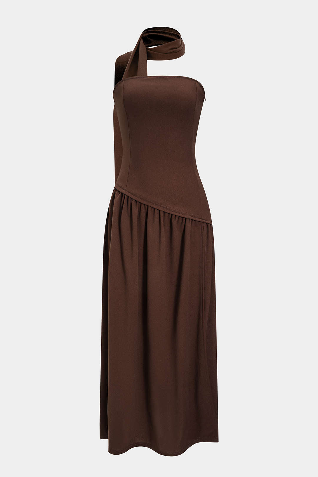 Robe longue bustier fendue et froncée en satin contrastant