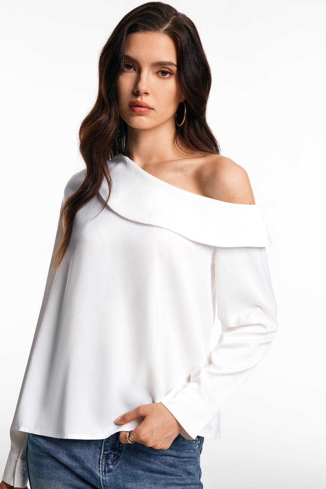Satin One Shoulder Asymmetrical Long-Sleeve Shirt
