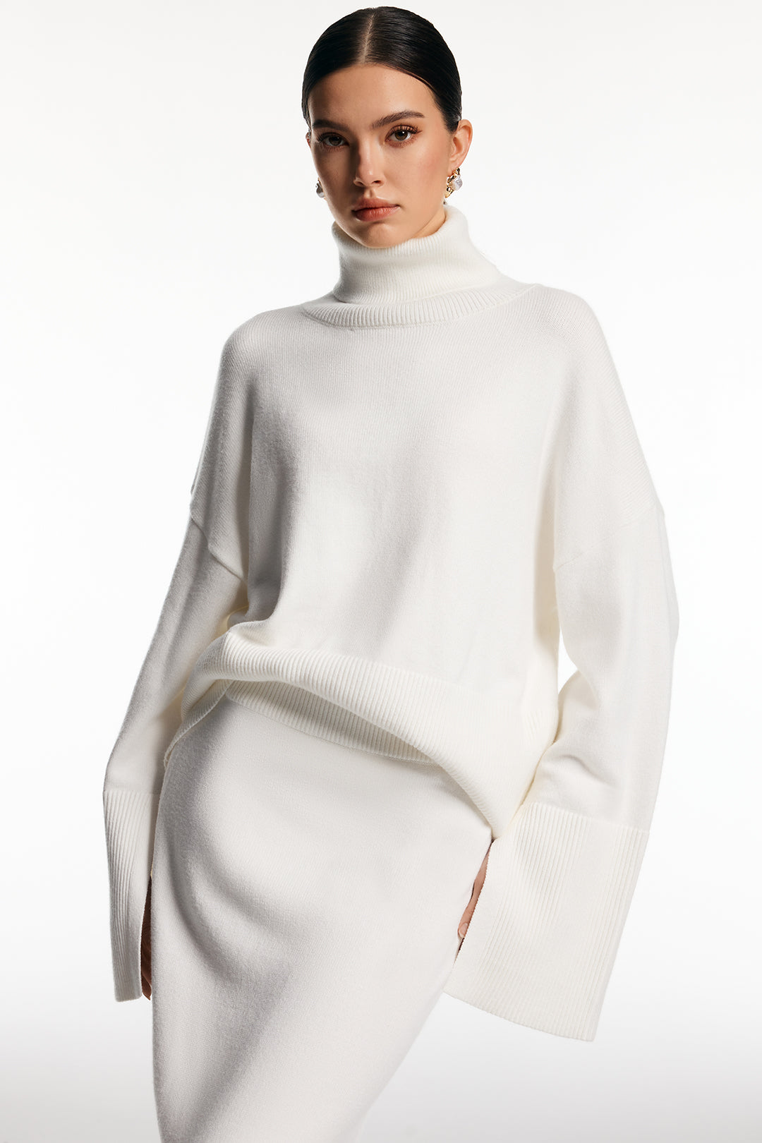 Knit Turtleneck Long-Sleeve Top And Side Split Skirt Set
