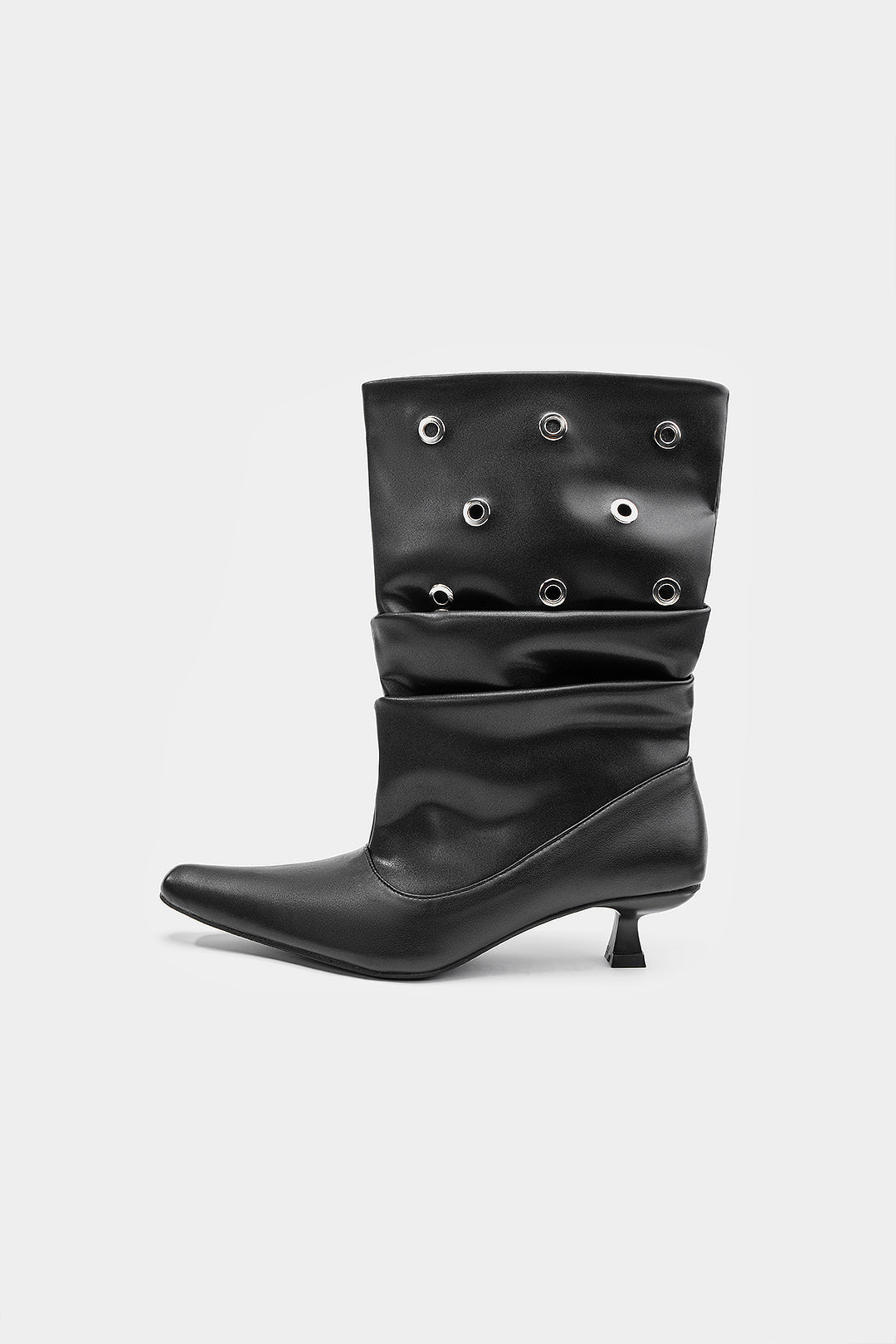 Studded Faux Leather Pointed Mid Calf Boots