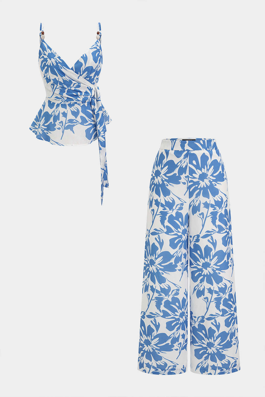 Blumendruck V-Ausschnitt Neckholder-Top und weite Hose Set