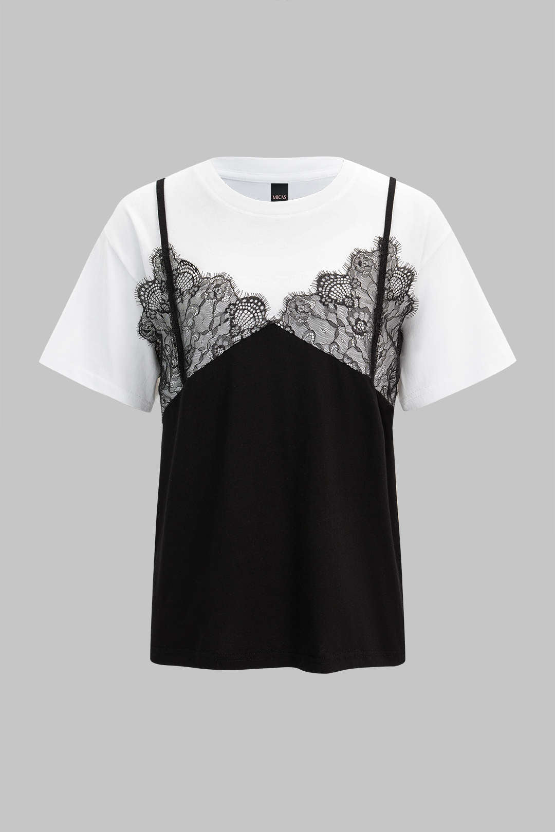 Kontrast-Spitzen-Patchwork Rundhals-Kurzarm-T-Shirt