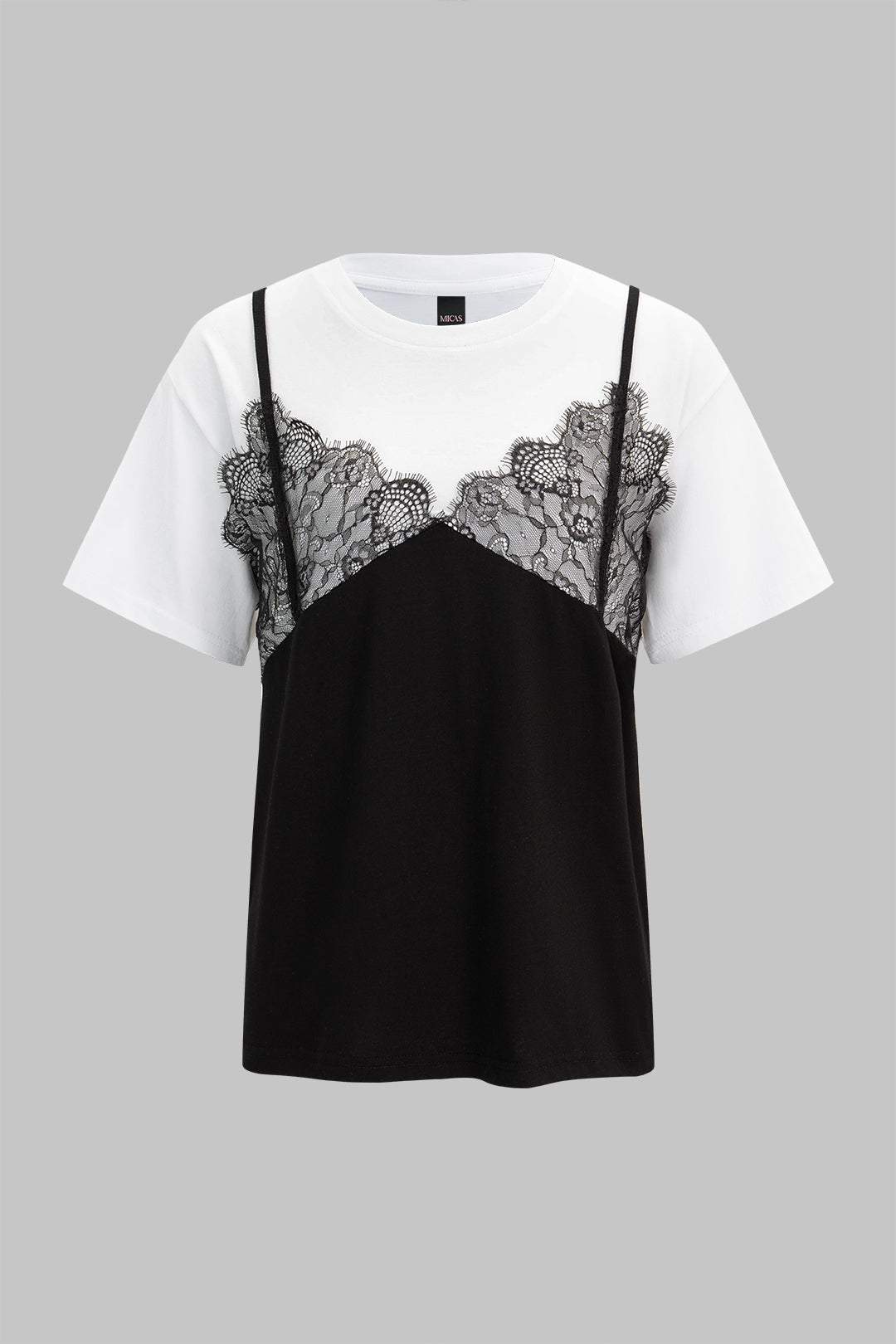 Contrast Lace Patchwork Round Neck Short Sleeve T-Shirt