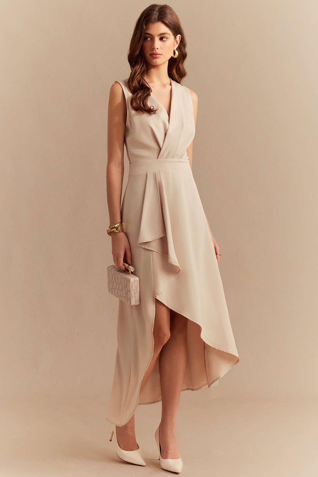 V-Neck Asymmetrical Sleeveless Midi Dress