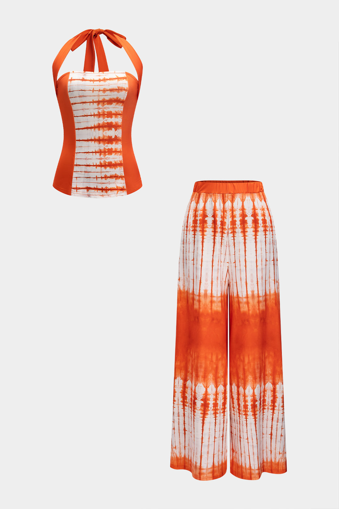 Tie Dye Print Halter Neck Tie-Up Tank Top And Wide Leg Pants Set