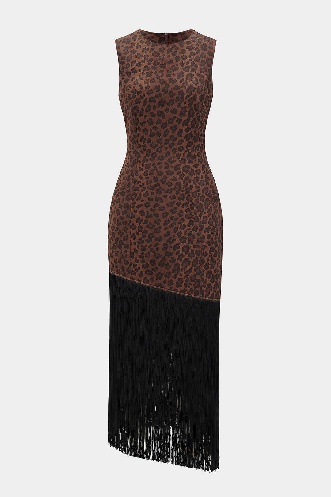 Maxikleid aus Veloursleder mit Leopardenmuster, Rundhalsausschnitt, Fransen und asymmetrischem Saum