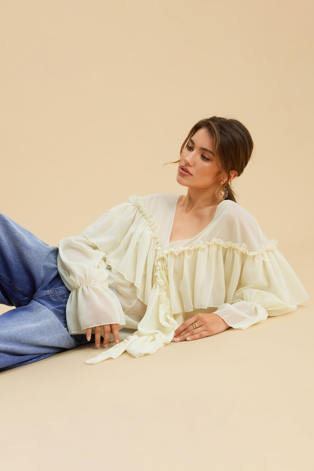 Chiffonrüschen Gerafftes Trägerloses Glockenlangarmshirt