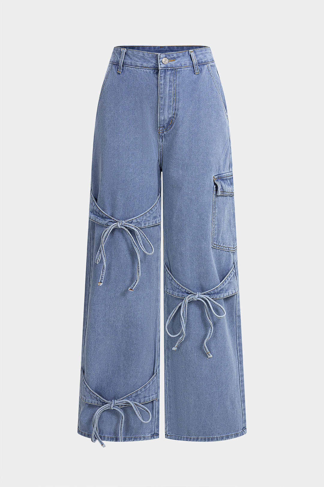 Jean droit en denim avec nœud à la taille