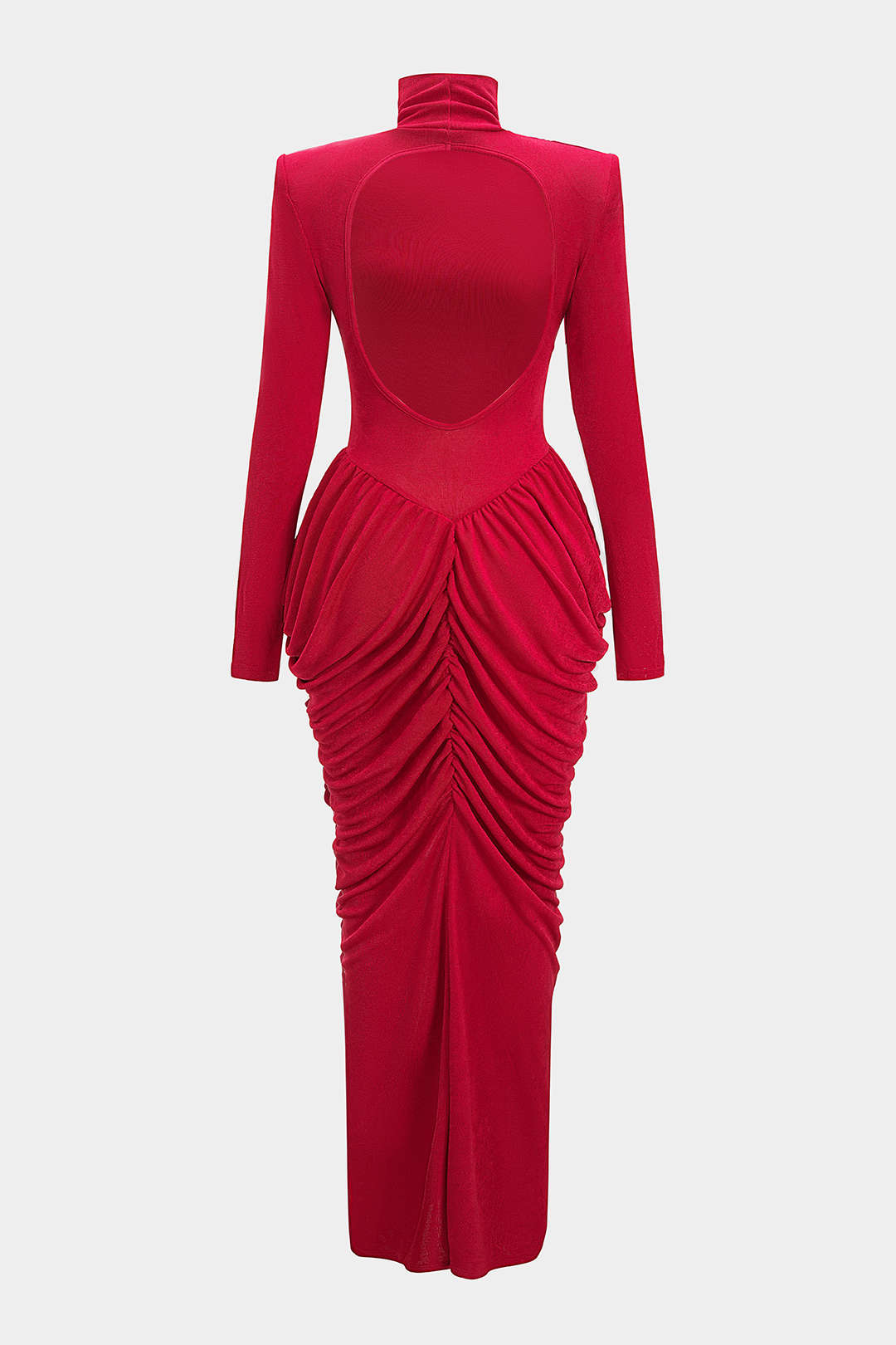 Maxikleid mit Stehkragen, Schulterpolstern, überkreuzter Raffung am Rücken und langen Ärmeln
