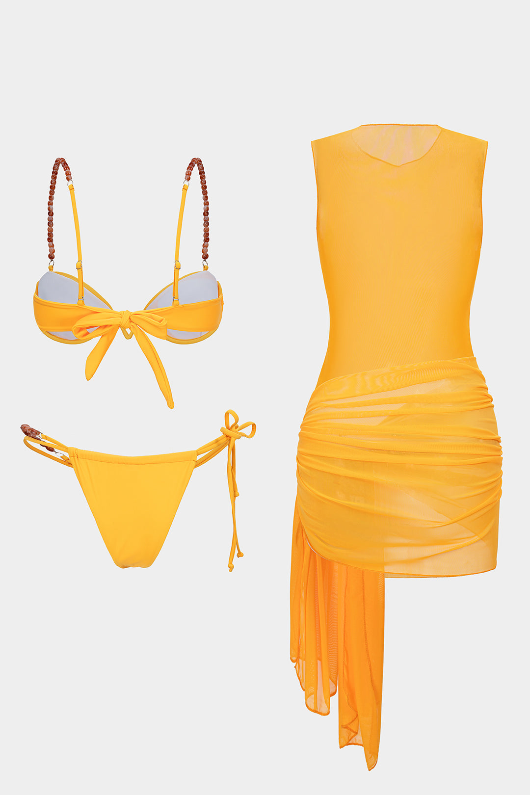 Mesh-Patchwork-Bikini-Set mit Perlen, Raffungen und Schnürung