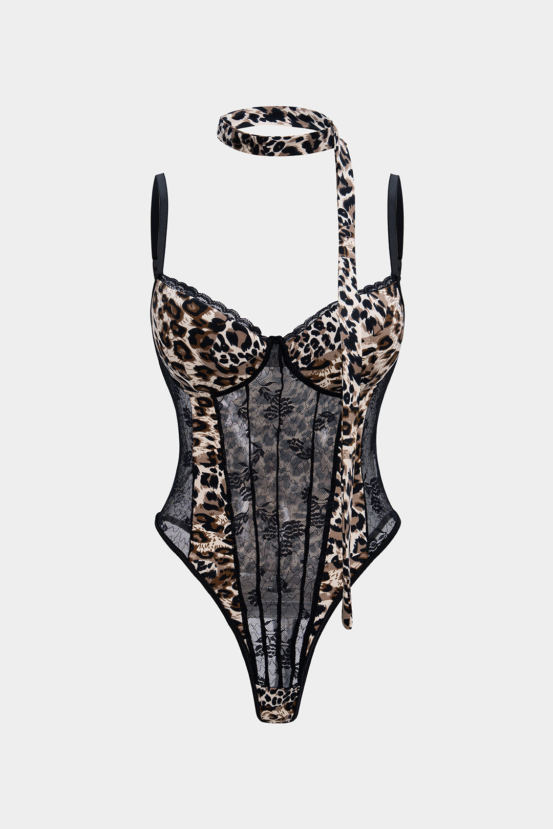 Ärmelloser Body mit Leopardenmuster und transparenter Spitze
