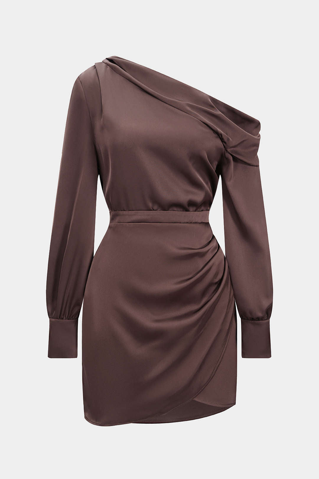 Satin-Minikleid mit asymmetrischem Ausschnitt und langen Ärmeln