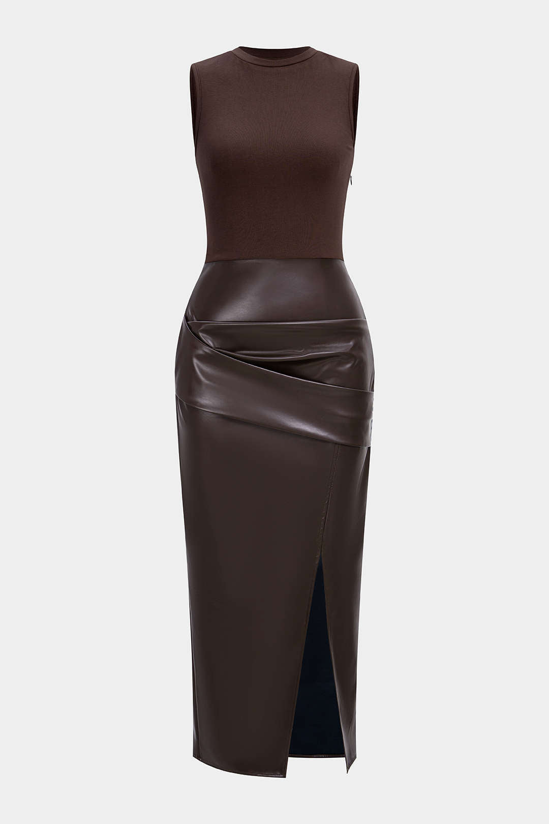 Faux-Leder Patchwork Gerafftes Ärmelloses Midikleid