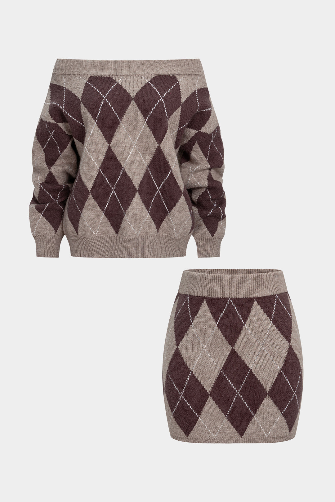 Knit Contrast Diamond Print Off Shoulder Long-Sleeve Top And High Waist Mini Skirt Set