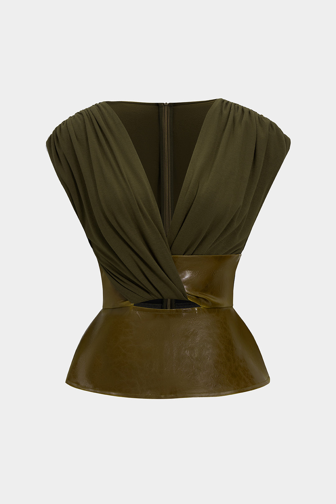 Faux Leather Patchwork Ruched Zipper Short-Sleeve Top