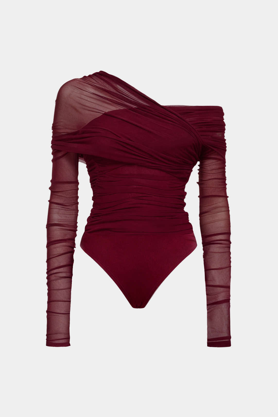 Mesh Ruched One Shoulder Asymmetrical Corssed Ruched Bodysuit