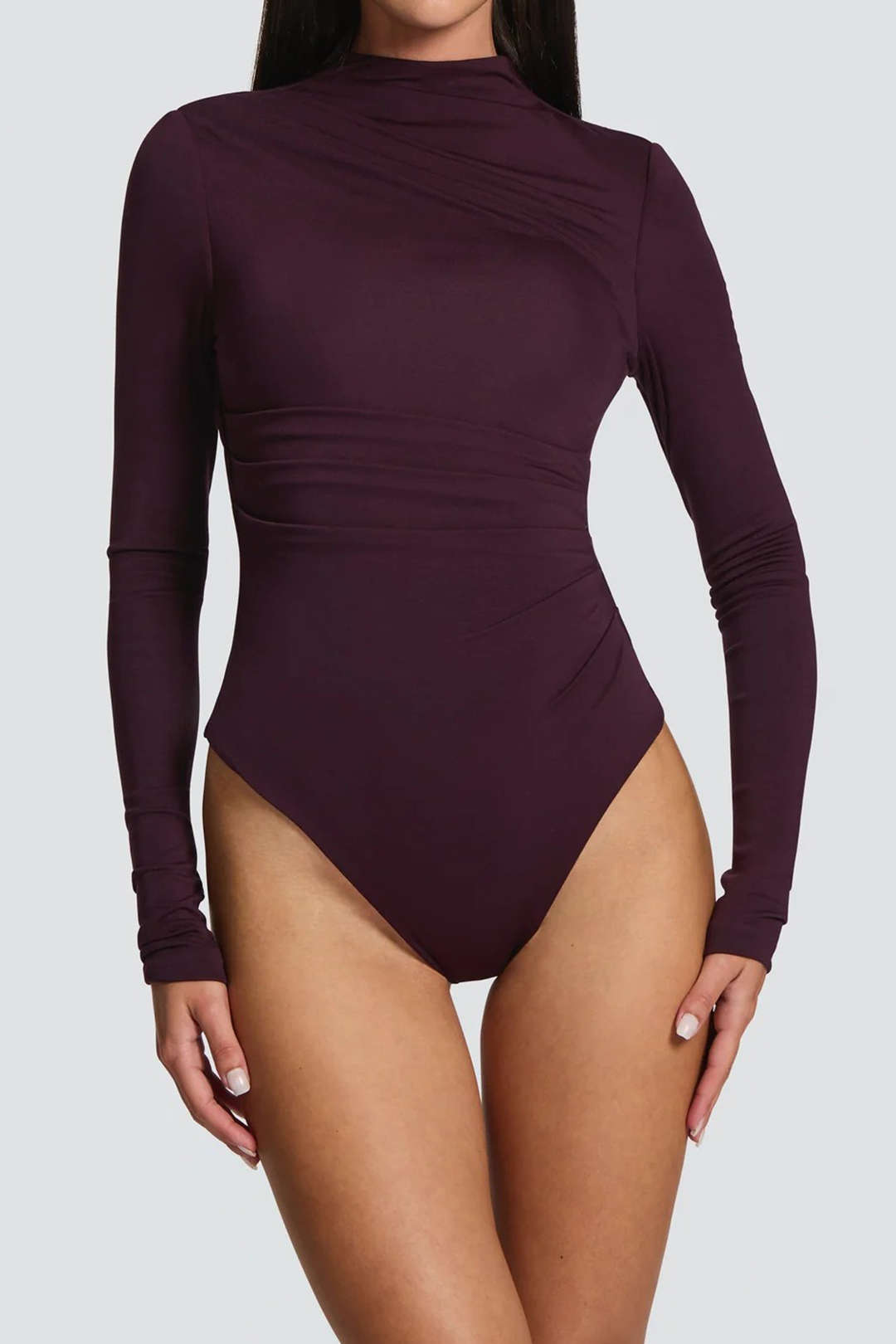 Mesh Ruched Asymmetrical Long Sleeve Bodysuit