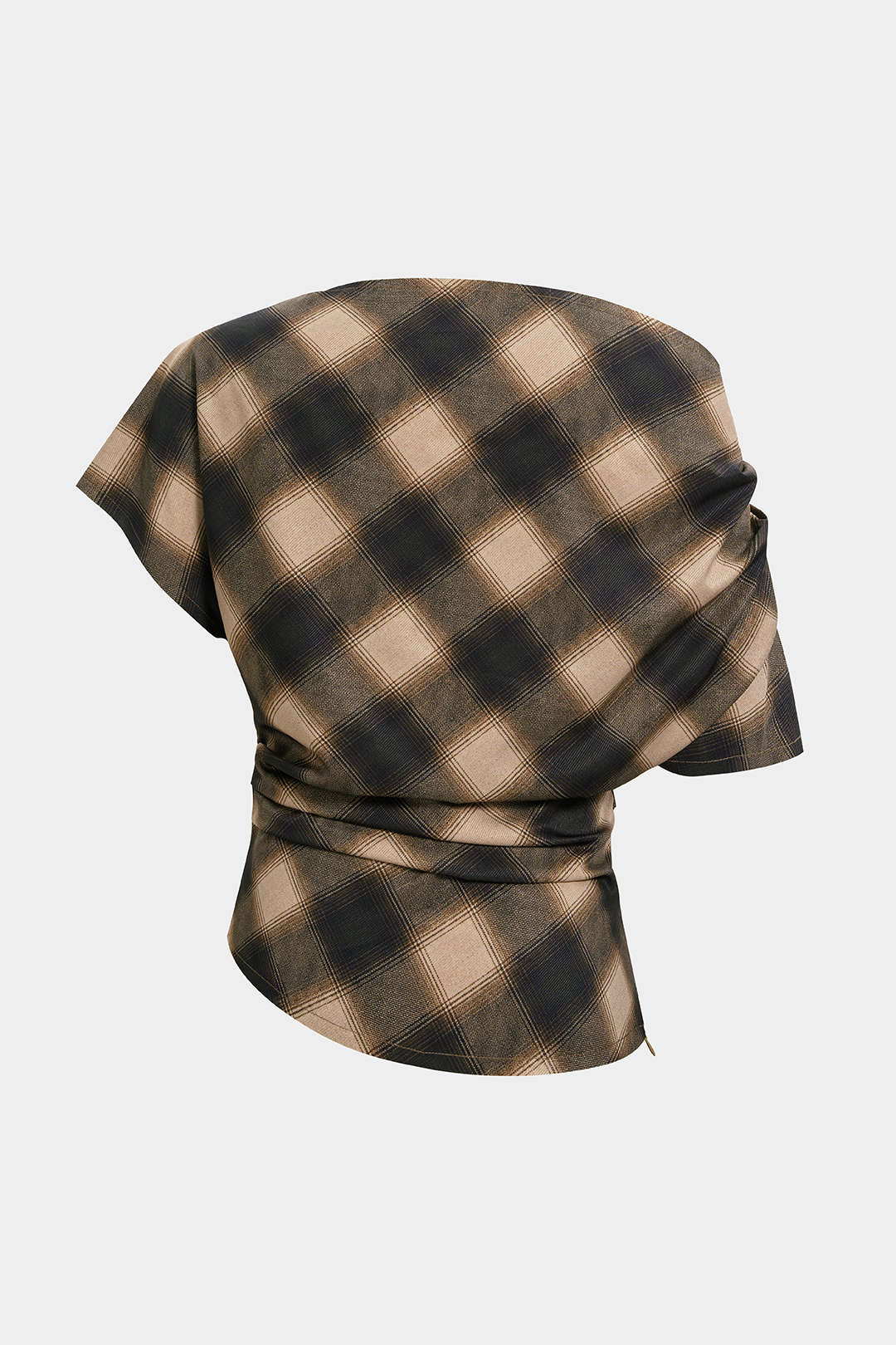 T-shirt asymétrique à imprimé écossais et bords effilochés