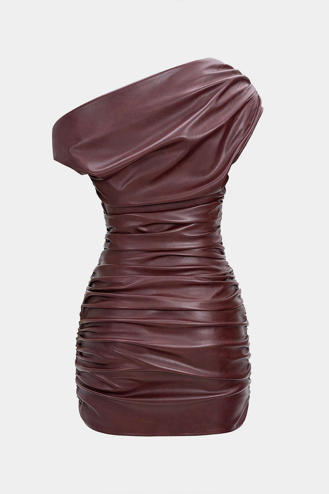 Faux Leather Ruched Boat Neck Asymmetrical Sleeveless Mini Dress
