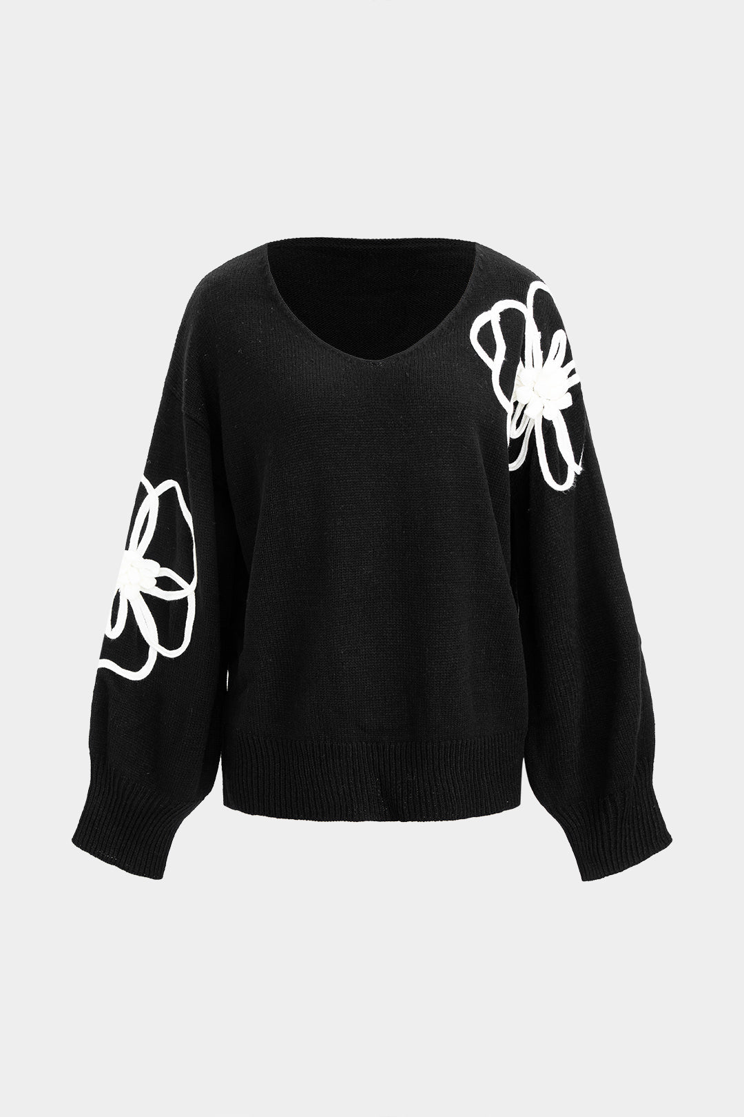 Knit V-Neck Flower Applique Long-Sleeve Top