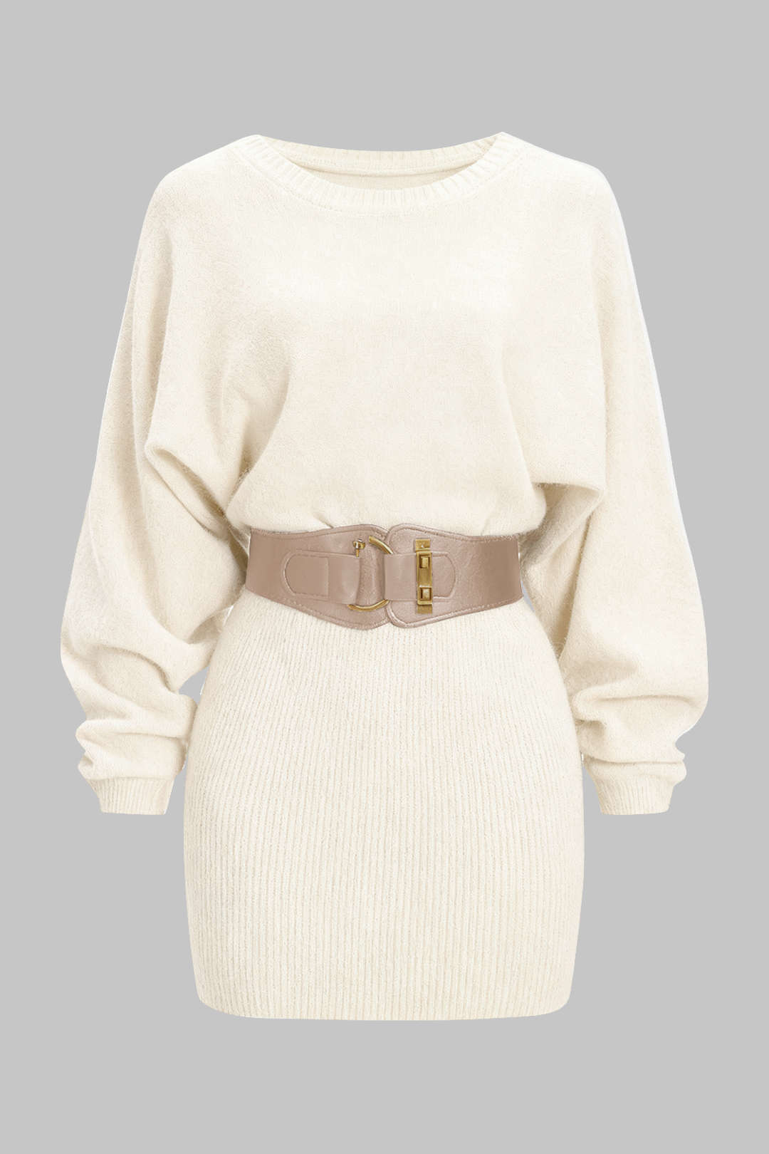 Knit Belted Batwing Long-Sleeve Mini Dress