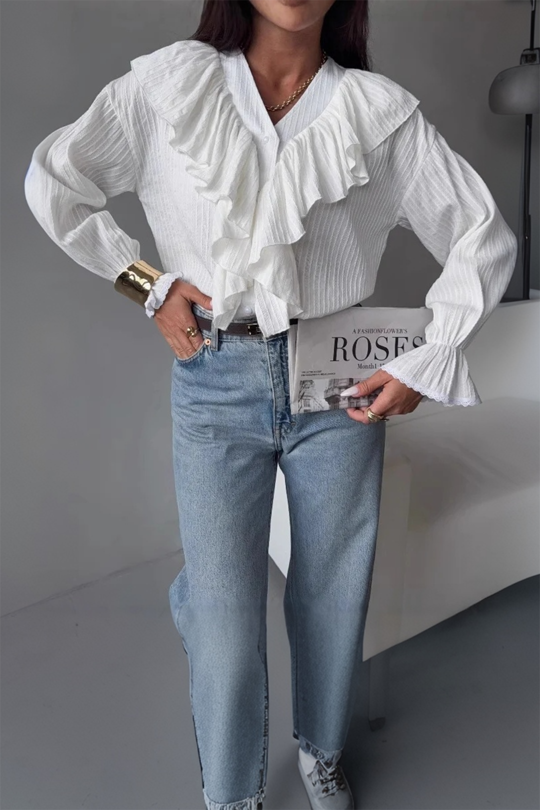 Ruffle V-Neck Long-Sleeve Shirt