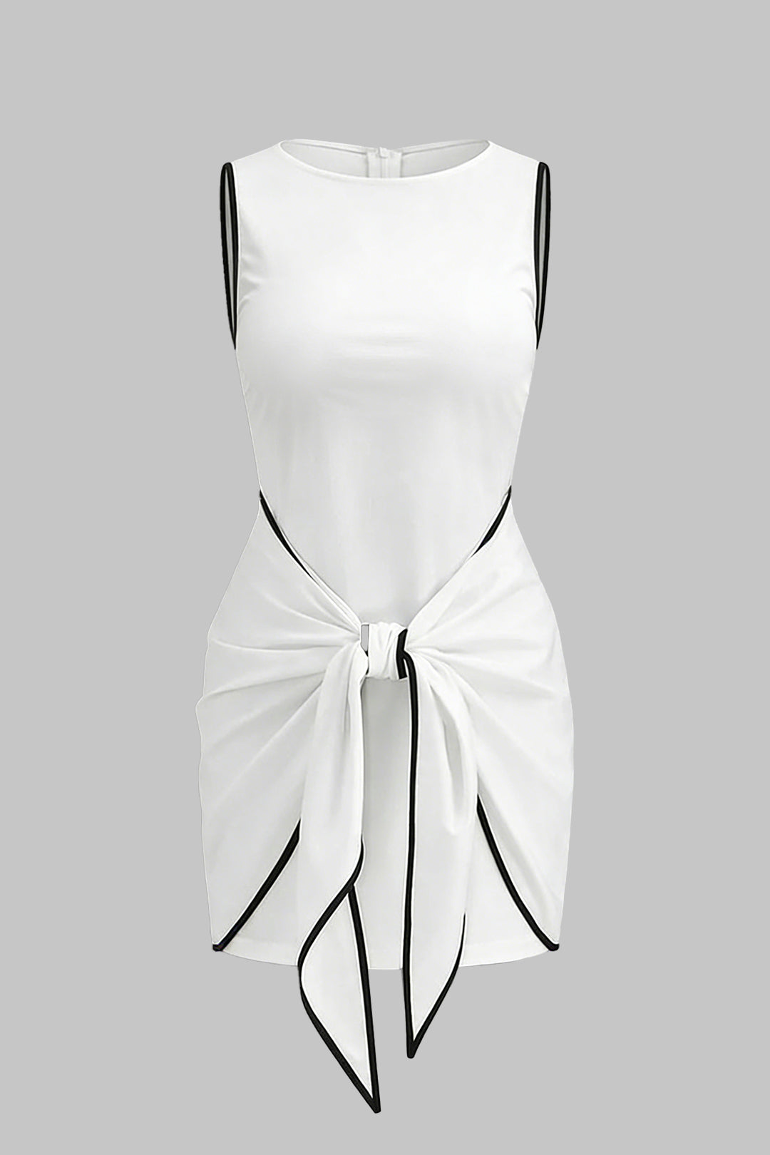 Mini-robe sans manches à col rond, lien à nouer sur le devant et contrastes